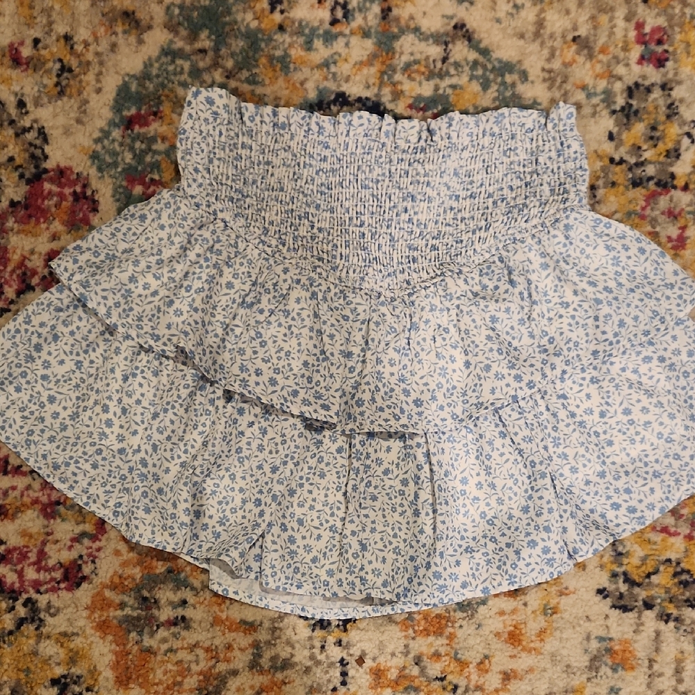 Altar'd State White and Light Blue Floral Smocked Mini Skirt
